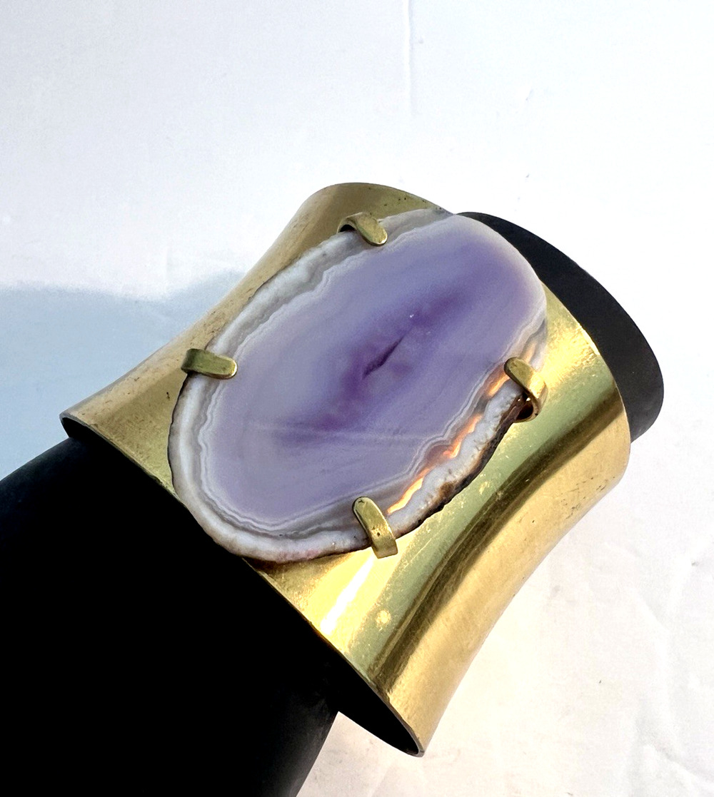 TORY BURCH Cuff Bracelet Purple Agate Slice Wide Gold Brass Plated GORGEOUS!